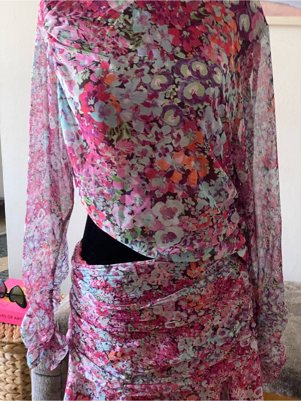 Floral Long Sleeve Dress in Pink Multi asymmetrical waist cut out ( small fit)